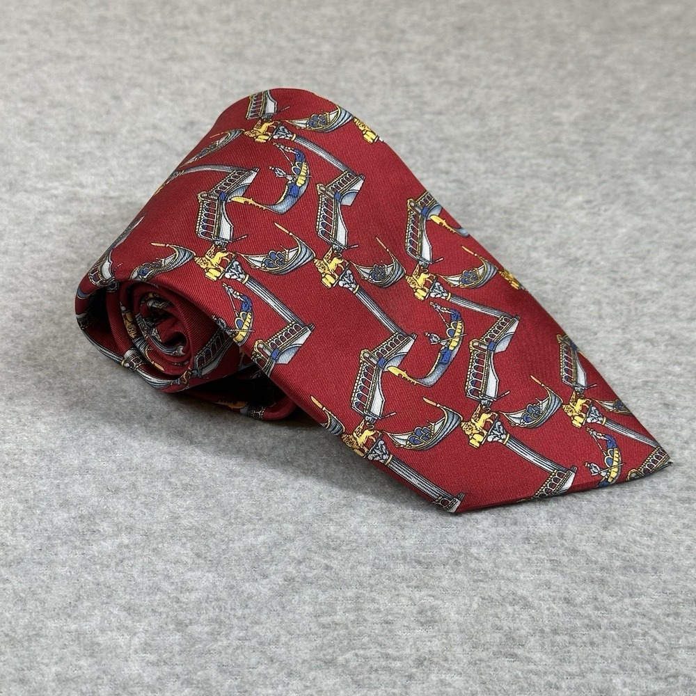 Venezia Mens Neck Tie Silk Burgundy/Gold Gondolas Print 100% Silk‎ Made In Italy